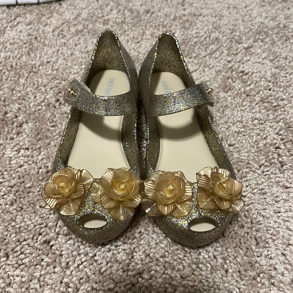 Mini Melissa Flower Gold and Silver Glitter Peep Toe